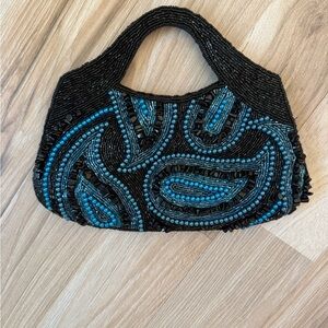Black Beaded Clutch with Teal Accents